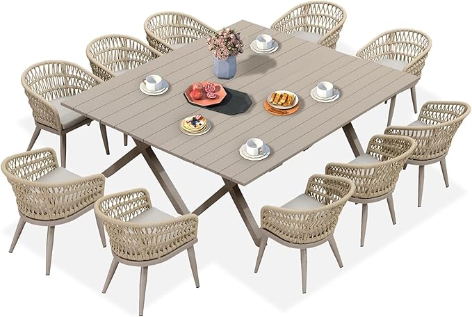 PURPLE LEAF 12 Pieces Outdoor Dining Sets All-Weather PE Rattan Outdoor Patio Furniture Set with All Aluminum Frame Outdoor Table and Chairs Set for Lawn Garden Backyard Deck, Champagne