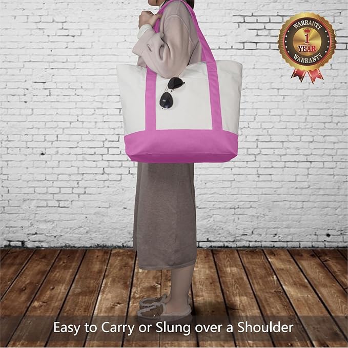 TOPDesign 1-Pack Canvas Tote Bag with an External Pocket, Reusable Grocery Shopping Bag, Top Zipper Closure, Daily Essentials (Light Purple/Natural)