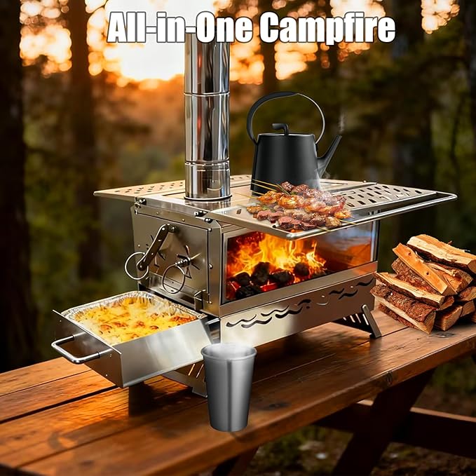 Hot Tent Stove, One-piece Molded Wood Burning Stove with Extra Baking Tray, Outdoor Stainless Steel Stove with 6 Chimney Pipes for Outdoor Heating, Cooking, Fishing(Non-Foldable, More Stable)