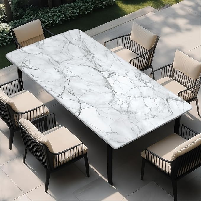 Rectangle Table Cloth Cover Waterproof Elastic Fitted Polyester Fitted Tablecloths for 6 Foot Tables for Indoor,Picnic, Camping, Outdoor （72" x 30"，Marble）