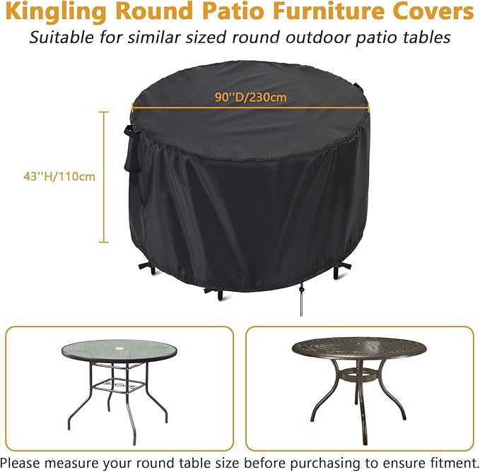 Kingling Patio Furniture Covers Waterproof, Round Patio Table Cover 90 inch Upgrade Heavy Duty Outdoor Table Cover for Dining & Coffee Table Chair Set, Firepit Table All Weather Resistant-90''D x43''H