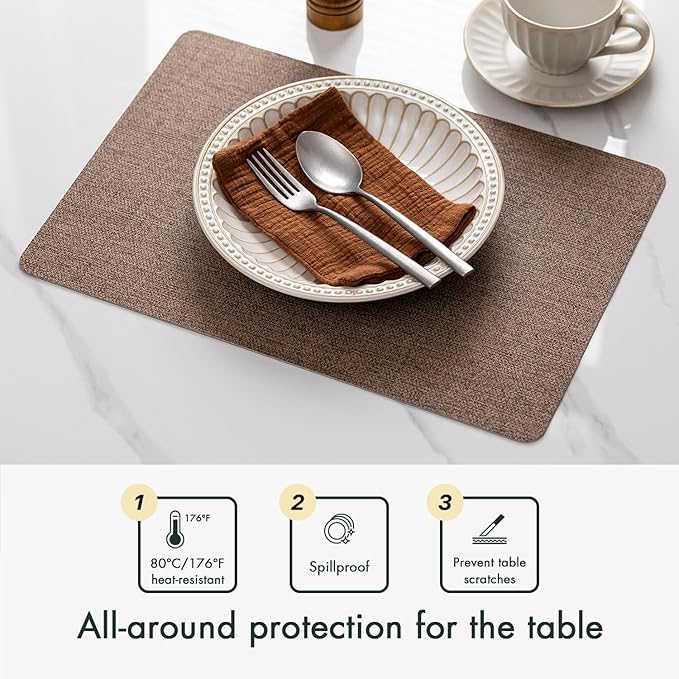 Faux Leather Placemats Set of 6 Vinyl Washable Wipeable Table Mats for Kitchen Dining Table Heat Resistant Waterproof Modern Indoor/Outdoor Placemats Non-Slip Easy Clean Place Mats (Cocoa)