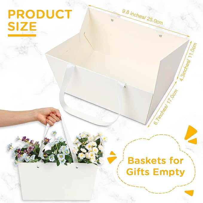 Tuanse 30 Pcs Basket for Gift Empty DIY Bulk Gift Basket Kit with Handle Kraft Cardboard Tray with 30 Bag 30 Bow Market Tray for Wedding Party(White,9.8 x 6.5 x 4.3 in)