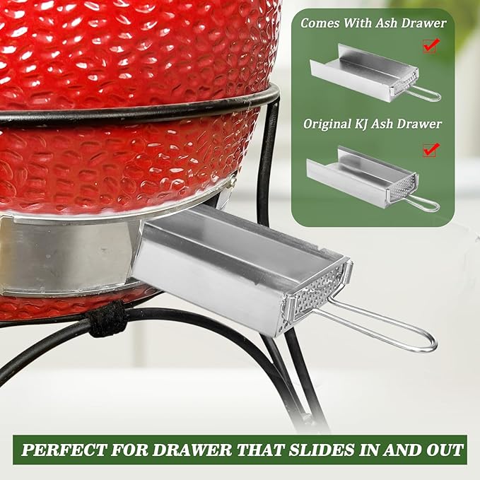 KAMaster 2 in 1 Cast Iron Ash Can Fit Kamado Grill Classic Joe,With Stainless Steel Slid Out Ash Drawer Remove Ash Easier,Ash Can With Foldable Handle Can Use With Fire Grate Or Charcoal Fire Basket