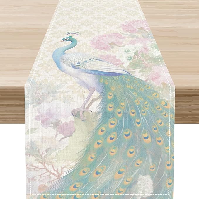 Peacock Table Runner,Rustic Traditional Chinese Style Watercolor Peacock Pink Flora Elegant Table Center Decor for Family Kitchen Table Decorations Indoor Outdoor, 13"x72"
