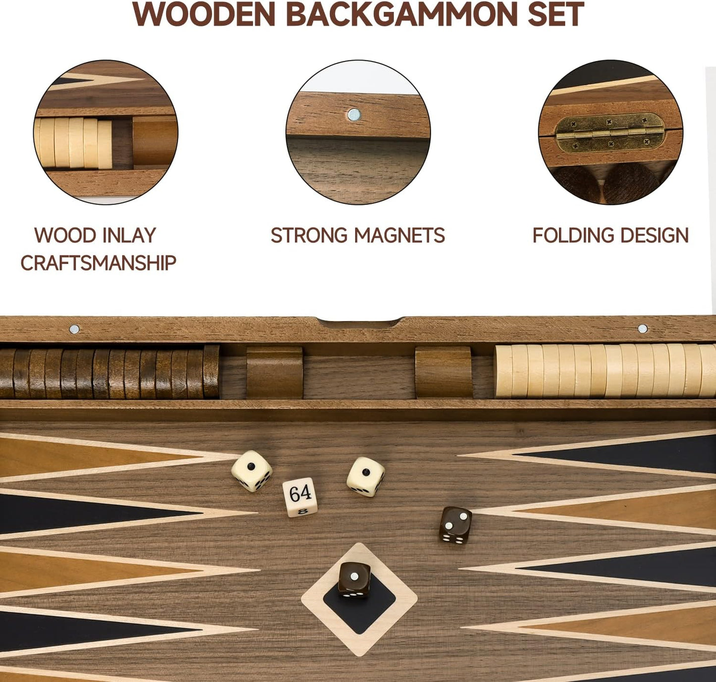 GSE Games & Sports Expert Premium Wooden Folding Inlay Backgammon Board Set, Classic Traditional Strategy Board Games (Star- 17 Inches)