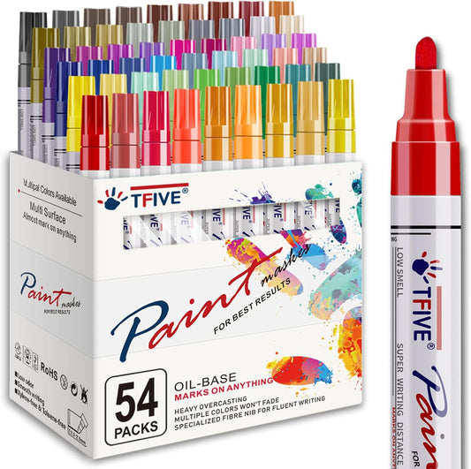 TFIVE Paint Markers Pens - 54 Colors Medium Tip Markers, Permanent, Waterproof & Quick Dry, Paint Pen for Metal, Wood, Fabric, Plastic, Rock Painting, Mugs, Canvas, Glass, Art Craft