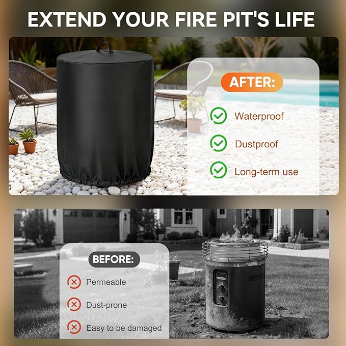 Fire 360 side Fire Pit Cover for Nlnja 24 Inch Round Pits Oxfford 600D PVC Fabric Waterproof Windproof Anti UV Dust Resistant with Lift Pomer Backing Critical Taping Seam Column Hem 1PCS