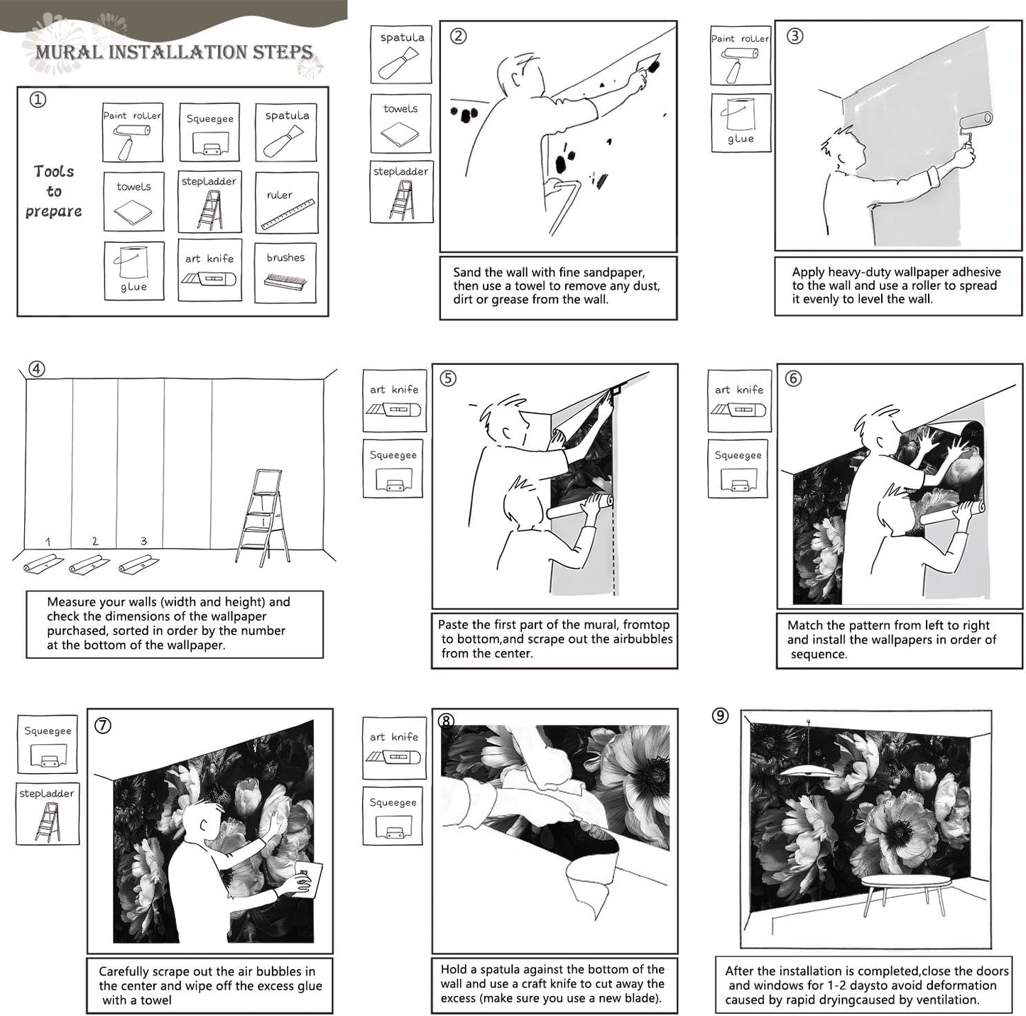 AFZEVEB-Black Peony Floral Wallpaper Vintage Large Flower Wall murals for Bedroom 114"x74"(Not Peel and Stick)