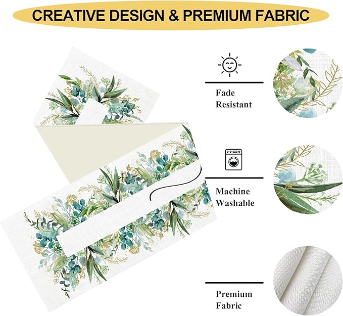 Farmhouse Table Runner, Green Gold Eucalyptus Spring Seasonal Plants Rustic Country Cafe Coffee Table Center Decor for Home Kitchen Dining Patio Indoor Outdoor Table Decorations, 13"x90" Inch