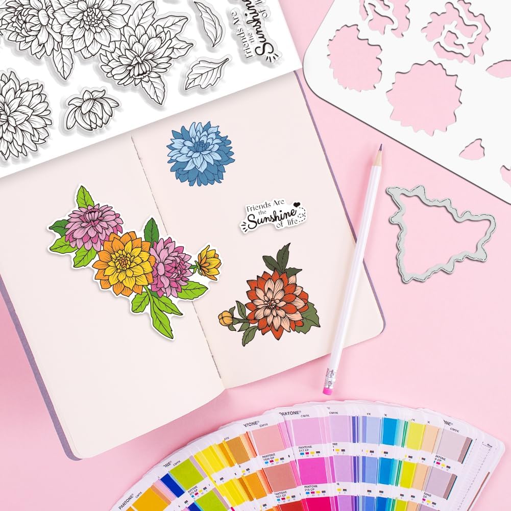 ORIGACH Realistic Dahlia Layering Stencils Set for Card Making, Dahlia Silicone Stamps and Die Sets and Flower Stencil Template for Scrapbooking DIY Crafting