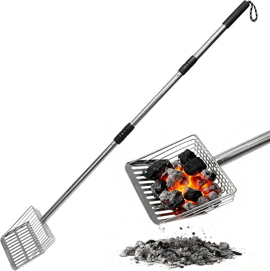Ash Sifter Shovel for Fireplace Fire Pit Wood Stove, 43Inch Long Handle Metal Coal Sifter Adjustable Charcoal Ash Shovel Heat Resistant Fireplace Tools for Easy Sifting, 3-Section Detachable Handle