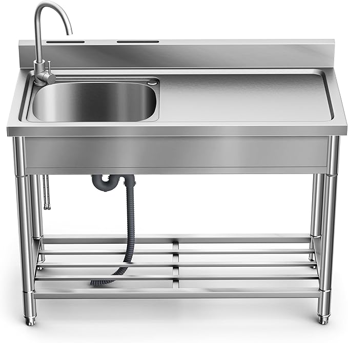 Stainless Steel Sink, Free Standing Kitchen Sink with Countertop Workstation, Utility Sink Single Bowl with Cold and Hot Water Pipe for Kitch Laundry Room Garage Farmhouse Indoor Outdoor (39 Inch L)