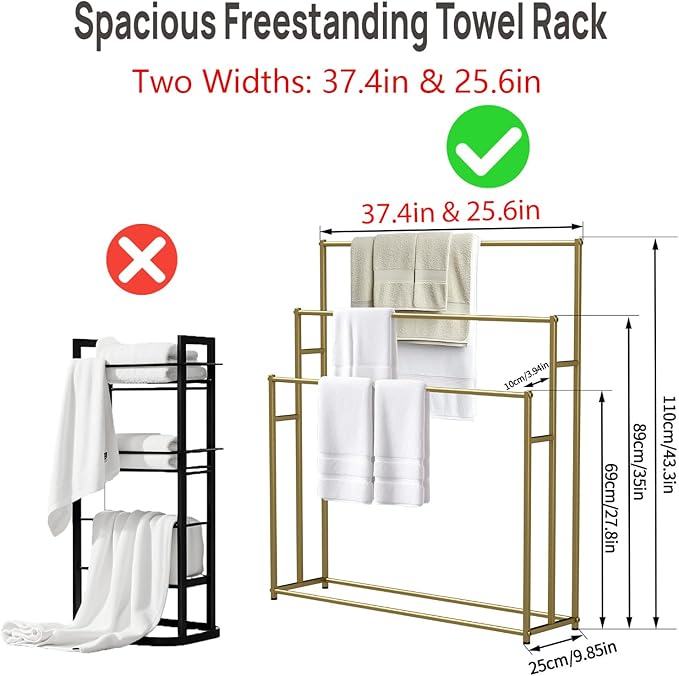 3 Tier Standing Towel Rack - Extra Wide Large Bathroom Towel Stand, Heavy-Duty Metal Towel Drying Rack for Poolside (Golden)