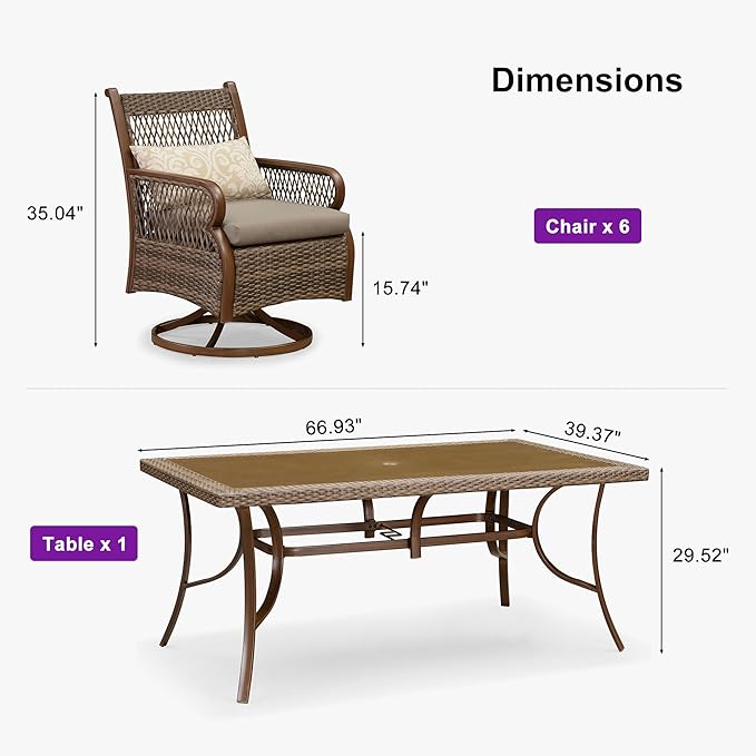 PURPLE LEAF Outdoor Dining Set for 6 All Weather Wicker Patio Dining Set with Hand-Woven Rattan Swivel Dining Chais and Rectangular Aluminum Table for Garden Deck Backyard Kitchen
