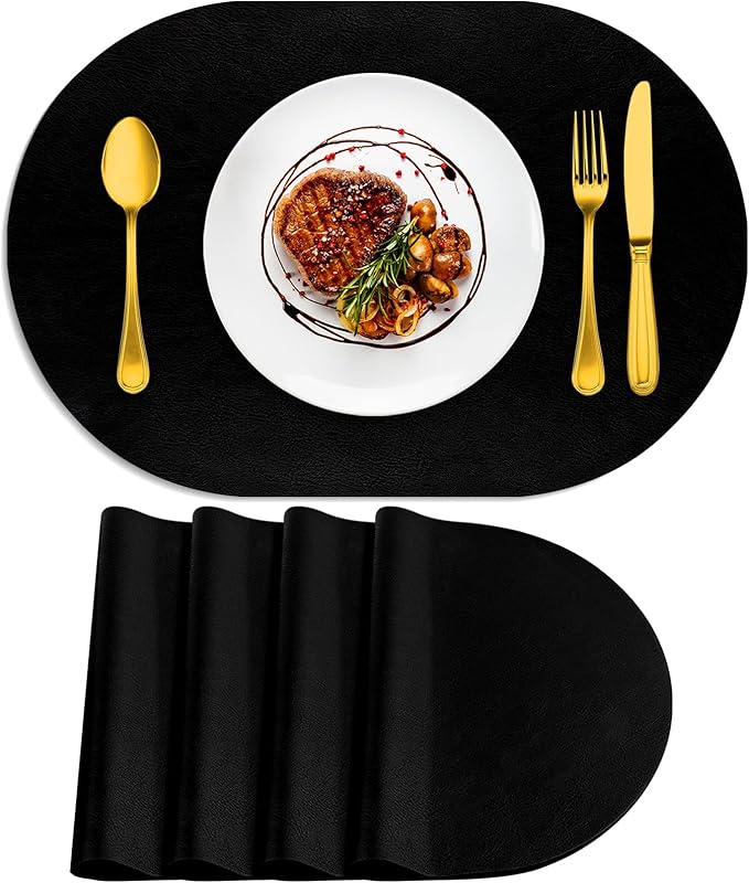 ADRIMER Placemats, Heat Resistant Oval Placemats Set of 4 Washable 12 x 17 Inch, Waterproof Table Mats, Wipeable Pu Place Mats for Kitchen, Dining Room, Black