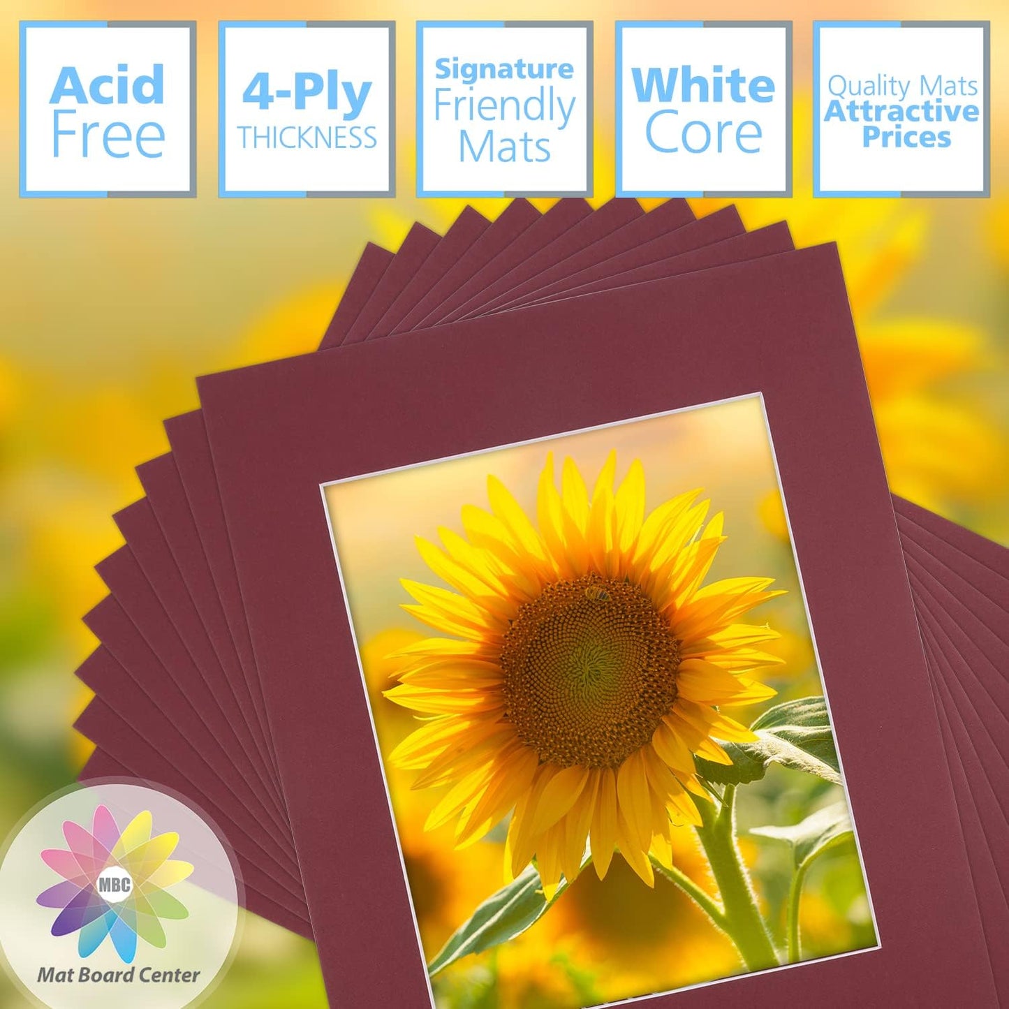 Mat Board Center, Pack of 10, 11x14 for 8x10 Maroon Color Mats - Bevel Cut, Acid Free, 4-ply Thickness, White Core - for Pictures, Photos, Framing