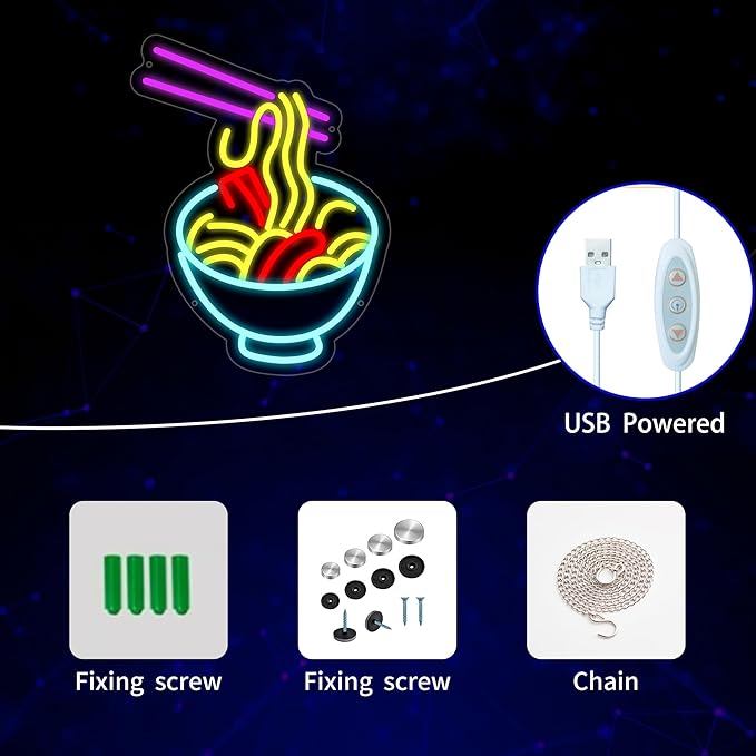 Ramen Neon Sign for Wall Decor, Noodle Led Neon Lights, Neon Ramen Light up Sign Powered by USB Multi colored Neon Lights for Restaurant Ramen Shop Window