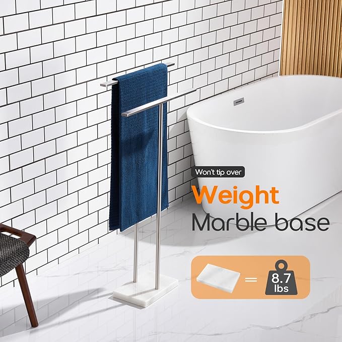 Free Standing Towel Rack Brushed Nickel 2-Tier Towel Holder for Bathroom Floor Stand with Heavy Marble Base Thicken Steady Design Stainless Steel AN7001BR