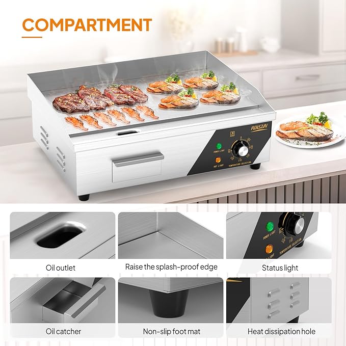 ROVSUN 22" Electric Countertop Flat Top Griddle, 1600W Electric Griddle, Teppanyaki Grill Stainless Steel with Adjustable Temperature Control 122°F-572°F for Home Restaurant Commercial