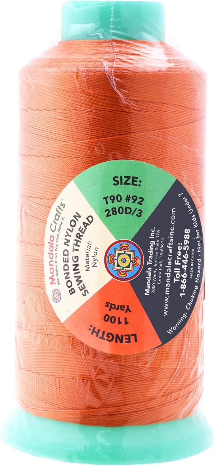 Mandala Crafts Orange Heavy Duty Thread -1100 Yds Tex 90 Thread for Sewing Drapery Jeans Leather Hair - Bonded Polyester for Outdoor Marine Upholstery