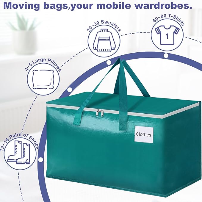 StorageRight Moving Bags-Heavy Duty Moving Boxes, Storage Totes with Zipper, Reinforced Handles and Tag Pocket-Collapsible Moving Supplies for moving, Storage and Travel 93L(Green-4 Pack)