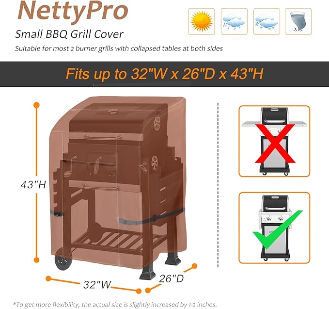 NettyPro Grill Cover Heavy Duty Waterproof 32 inch, Outdoor 2 Burner BBQ Gas Grill Cover for Outside Small Weber, Char-Broil, Brinkmann, Jenn Air, Nexgrill Barbecue, Brown
