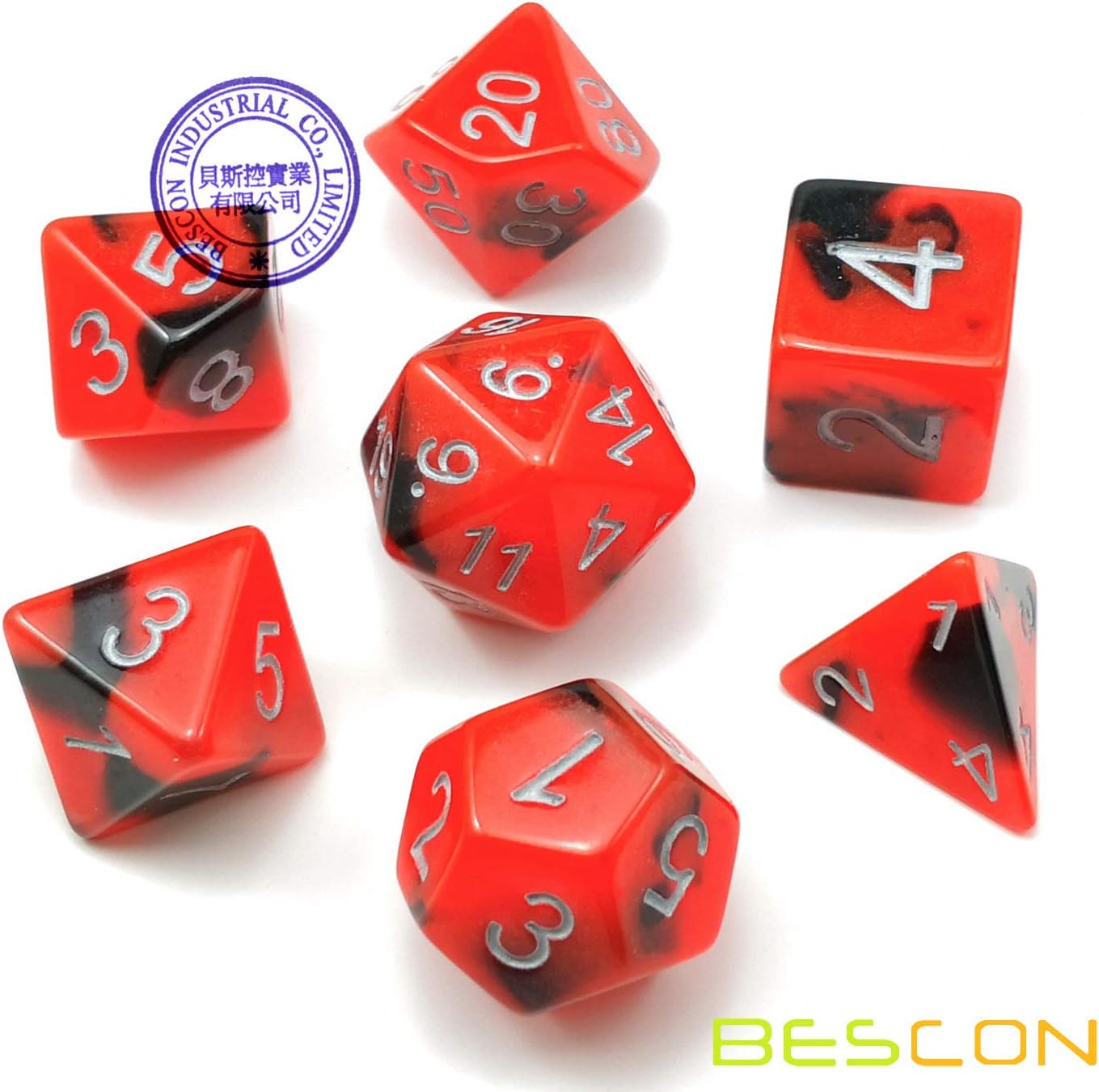 Bescon Two-Tone Glow-in-The-Dark Polyhedral Dice Set HOT Rocks, Luminous RPG Dice Set d4 d6 d8 d10 d12 d20 d% Brick Box Pack
