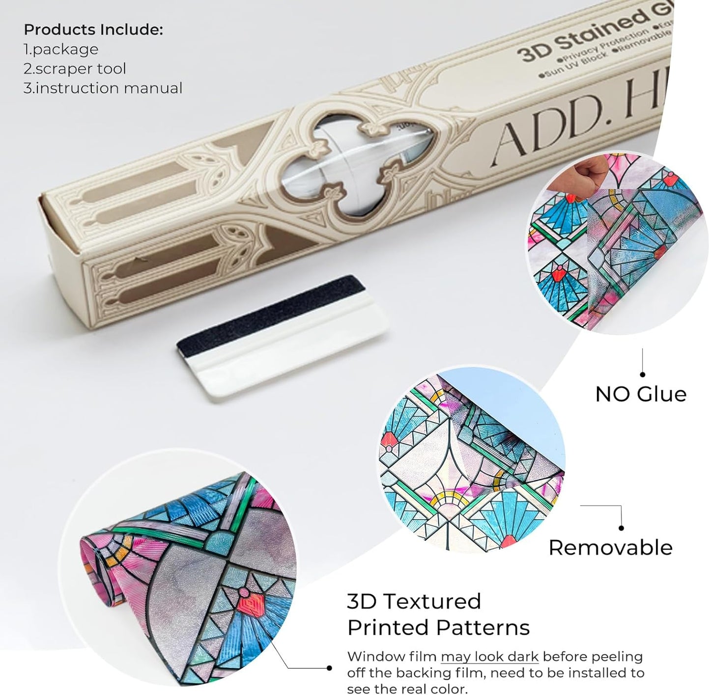 3D Stained Glass Window Film, Decorative Window Privacy Film for Bathroom,Front Door,Home, Sun Blocking Heat Control,Static Cling,23.6inch x 35.4inch Refractive Narrative