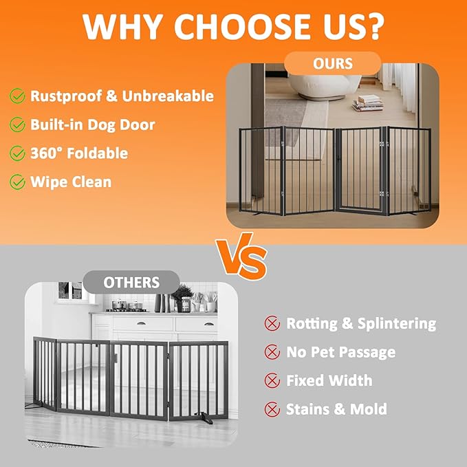 Metal Freestanding Dog Gate, Foldable Extra Wide 79", 32" Tall Large Opening Pet Gate for Indoor & Outdoor, Portable Dog Fence for Stairs, Doorways (Black, 4 Panels)