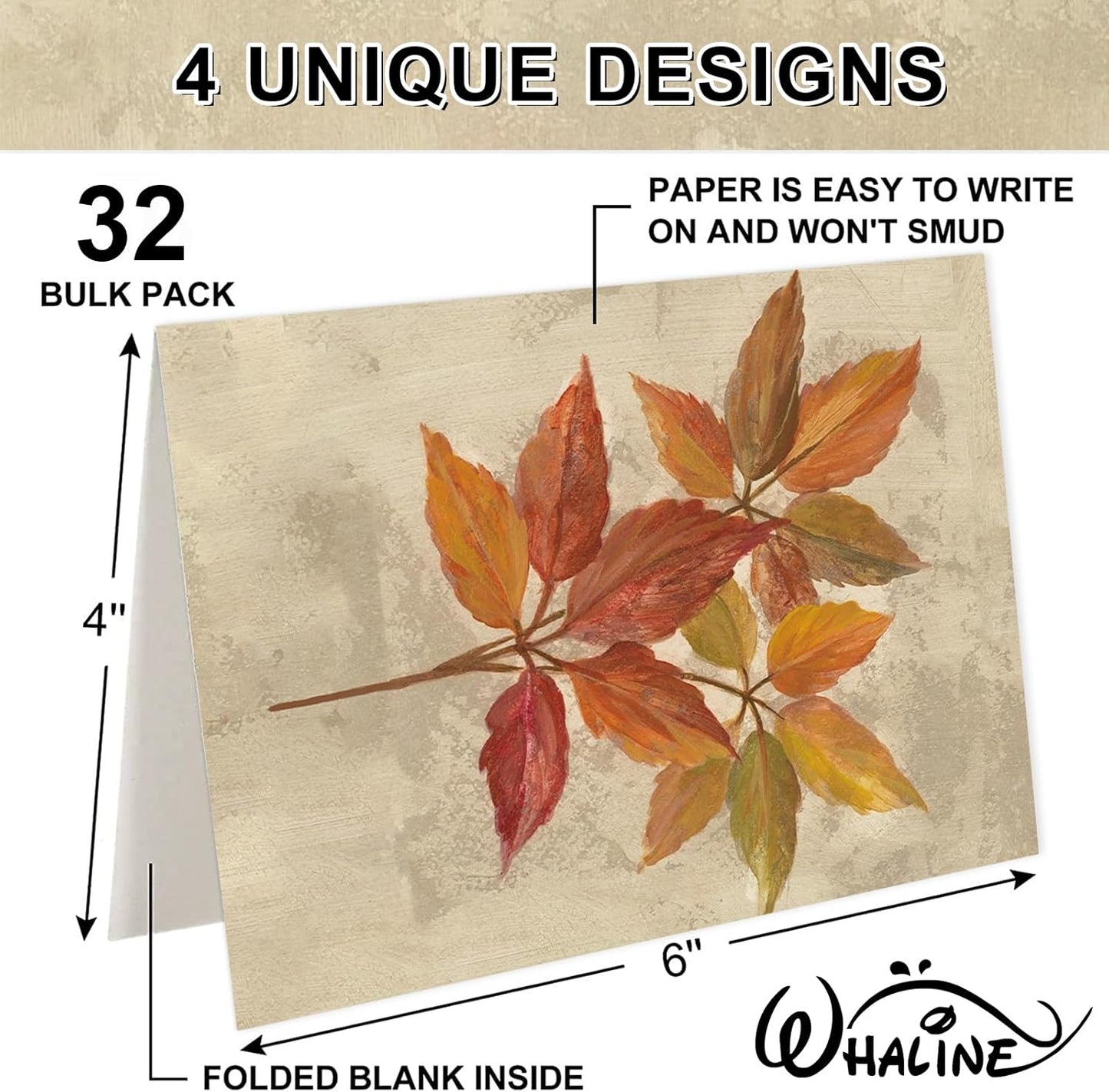 Whaline 32 Pack Fall Greeting Cards Retro Autumn Leaves Note Cards with Envelopes Stickers for Thanksgiving Harvest Wedding Birthday Baby Shower
