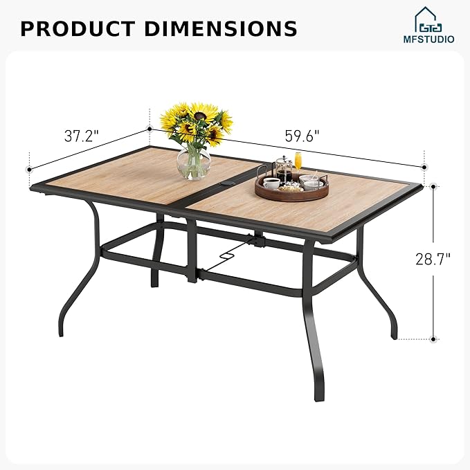 MFSTUDIO Outdoor Patio Dining Table for 6, Rectangular Furniture Table with Metal Frame and Immitation Wood Top, Outdoor Deck Backyard Garden Table with Umbrella Hole