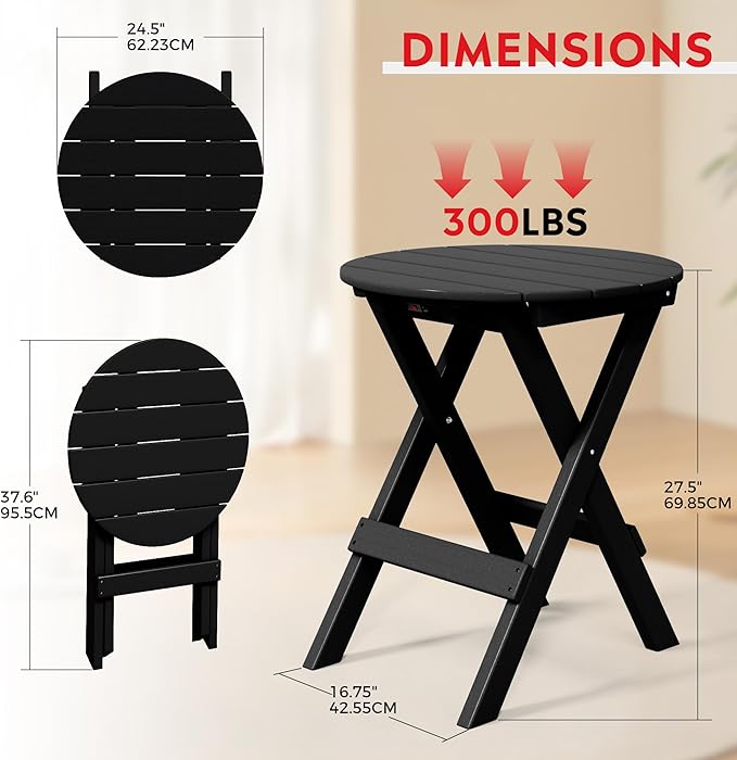 Costaelm Paradise HDPE Outdoor 24.5 Inch Round Portable Folding Patio Dining Table, Black