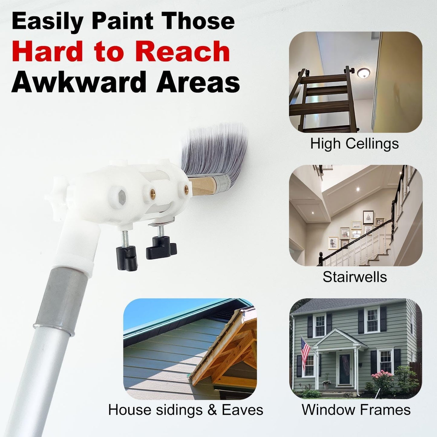 Multi Angle Paint Brush Extender V2, Long Handle Paint Brush, Extension Pole Attachments for Paint Roller, Paint Edger Tool for High Ceilings, Corner Painting Tool for Paint Extension Pole (White)
