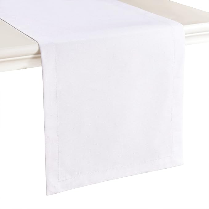 Mebakuk Linen Farmhouse Table Runner Large Burlap Style Soft and Waterproof Decorative Fabric Runner for Outdoor Wedding and Dinner (14 x 90 Inch, White)