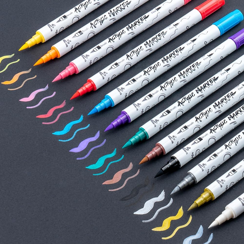 TRANSON 12 Colors Fine and Brush Dual-tip Acrylic Paint Marker Pen Set for Canvas Rock Wood Leather Ceramic DIY Painting