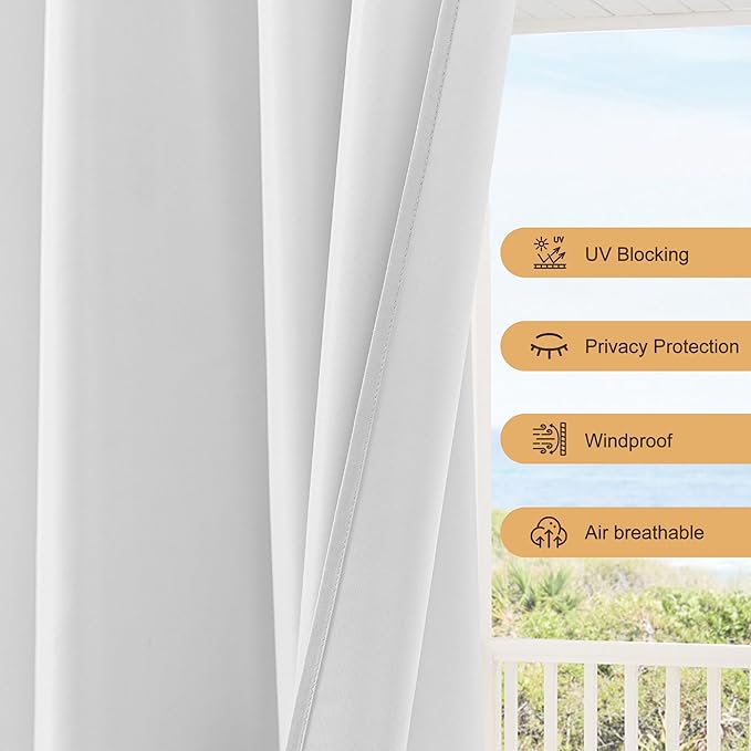 HolidayIdeas Waterproof Patio Outdoor Curtains with Rod Pocket, 6 Pcs- UV & Privacy Protect Weatherproof Gazebo Outdoor Drapes for Porch, Balcony, Apartment, Sliding Glass Door, White, 54x84 Inch
