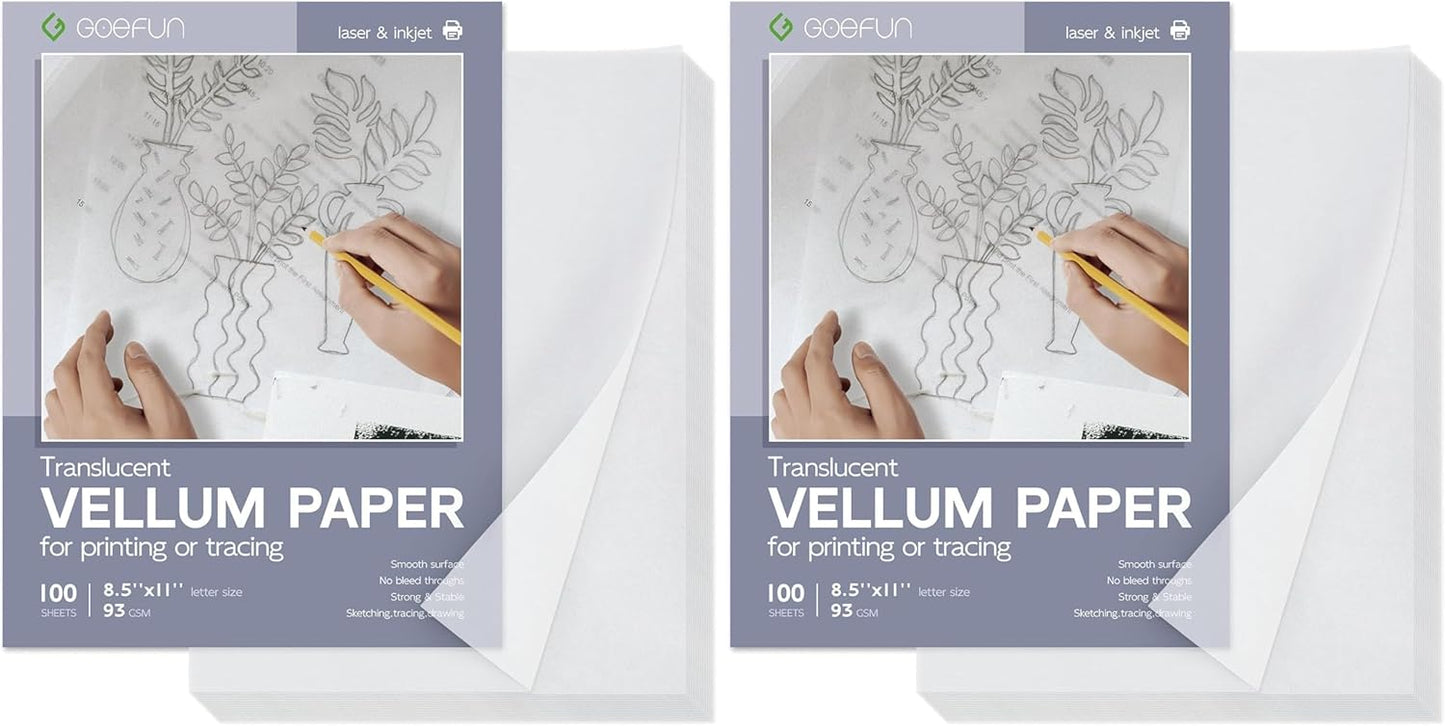 Translucent Vellum Paper 8.5 x 11, Goefun 100 Sheets Vellum Tracing Paper Printable for Invitations, Card Overlays, Belly Bands, DIYs, Sketching, Drawing (Pack of 2)