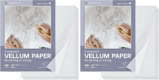 Translucent Vellum Paper 8.5 x 11, Goefun 100 Sheets Vellum Tracing Paper Printable for Invitations, Card Overlays, Belly Bands, DIYs, Sketching, Drawing (Pack of 2)
