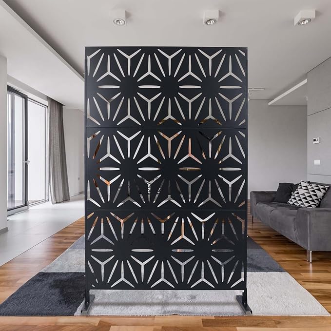 Outdoor Privacy Screen, 76" H x 48" W Decorative Metal Panel, Steel Privacy Divider with Freestanding Base, Ideal for Garden, Patio, or Balcony, Black