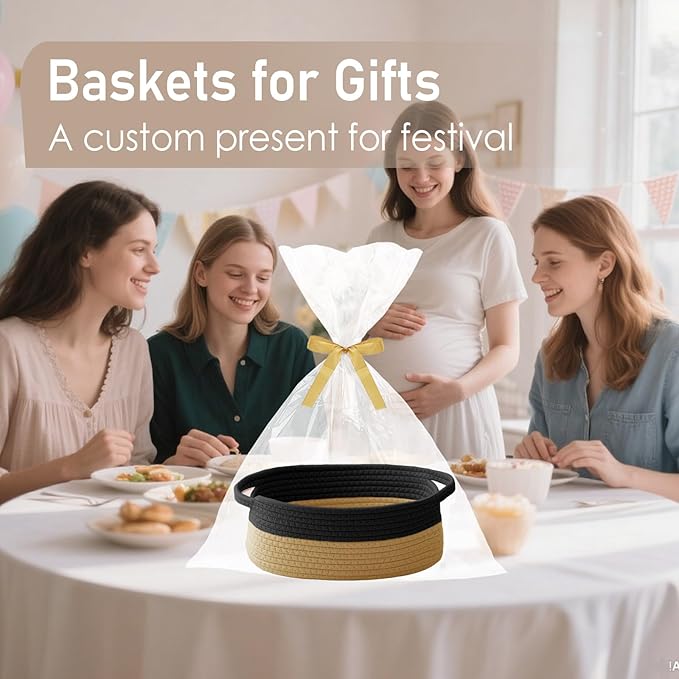 Woven Basket,Small Rope Storage Bin with Handles & Ribbon Bag, Organizer for Shelves Closets,Gift Basket Empty for Birthday,Books,Dog Toys, Black&Jute/2 Pack