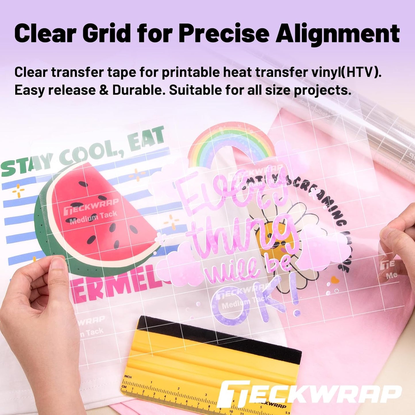 TECKWRAP Clear Transfer Tape for Vinyl -12INCH x 10 FT,White Alignment Grid for Heat Transfer Vinyl, Printable HTV, DIY Decals, Signs, Stickers, Adhesive Vinyl