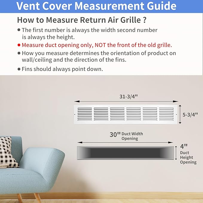 30"W x 4"H [Duct Opening Size] Steel Return Air Grille, Air Return Vent Cover for Ceiling and Sidewall - HVAC Air Vent Covers - [Outer Dimensions: 31.75"W x 5.75"H]