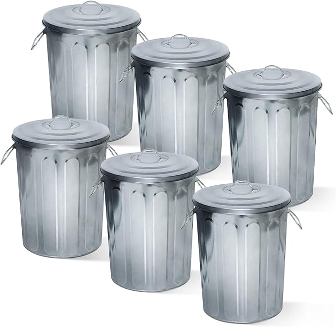 Plexon 5 Gallon Small Metal Trash Can with Lid Outdoor Galvanized Bucket with Lid 5 Gal Fireplace Ash Bucket for Wood Stove Storage Can for Dog Food Bird Seed Storage Container Rodent Pet Proof 6 Pack