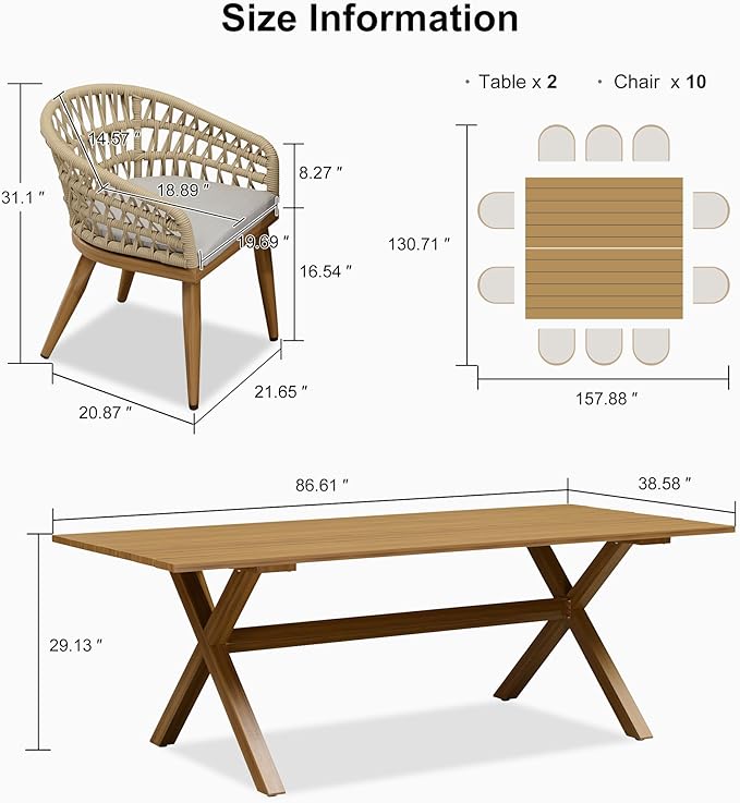 PURPLE LEAF 12 Pieces Outdoor Dining Set All-Weather PE Rattan Outdoor Patio Furniture Set with All Aluminum Frame Rectangular Table and Chairs Set for Lawn Garden Backyard Deck, Teak