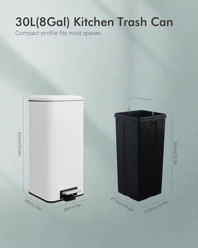 8 Gallon Trash Can with Lid, White Kitchen Trash Can with Soft Close, InnerBucket & Steel Pedal, Stainless Steel Garbage Can for Kitchen, Laundry Room, Office, Bathroom, Dorm, 30 Liters