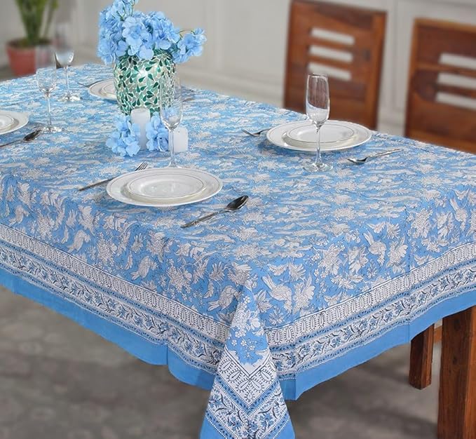 CPC Blue Sapphire 80X120 Inch Rectangle Tablecloth Cotton Indian Block Print Tablecloth Handmade Printed Washable Cotton Table Cloth Spring Summer Weding Table Cover