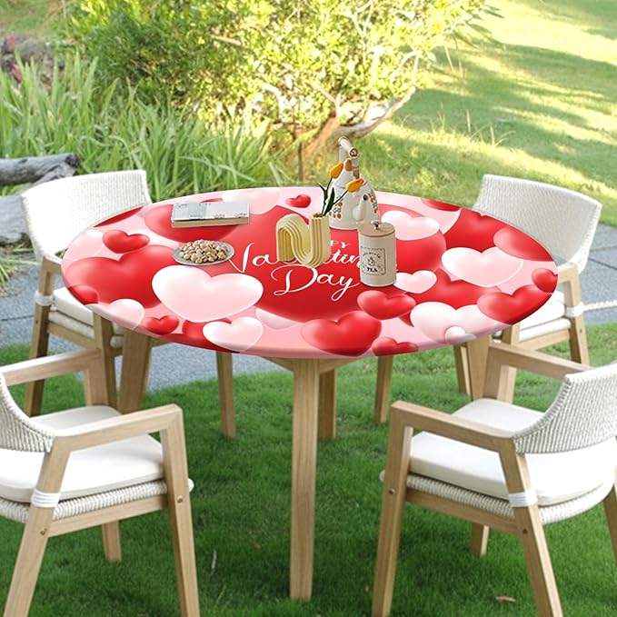 Valentines Day Round Fitted Tablecloth with Elastic Red White Love Heart Circle Table Cloth for 48-52" Round Tables Wipeable Waterproof Washable Valentine Table Cover for Picnic Dining Party Decor