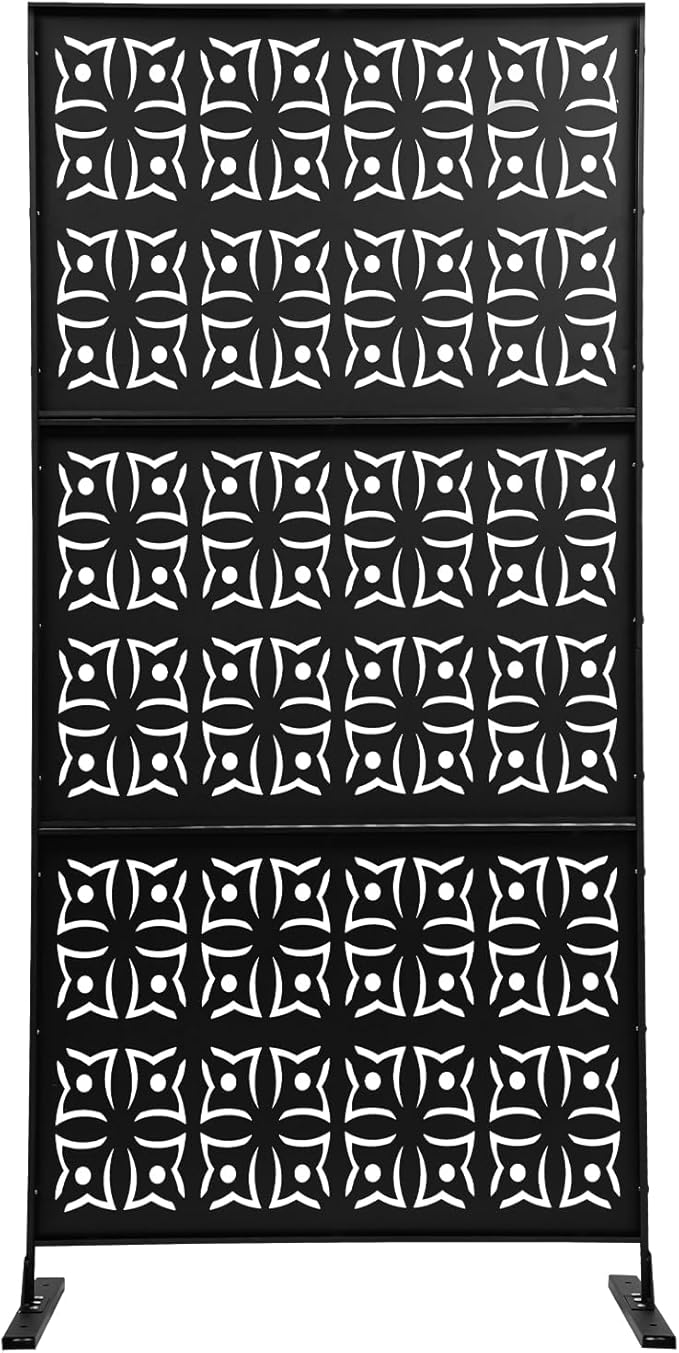 75" H×35" W Decorative Outdoor Privacy Screen with Stand, Outdoor Decor Privacy Fence Screen Metal Fence Panels, Free Standing Metal Divider for Patio Lawn Deck (Black-Orchid)