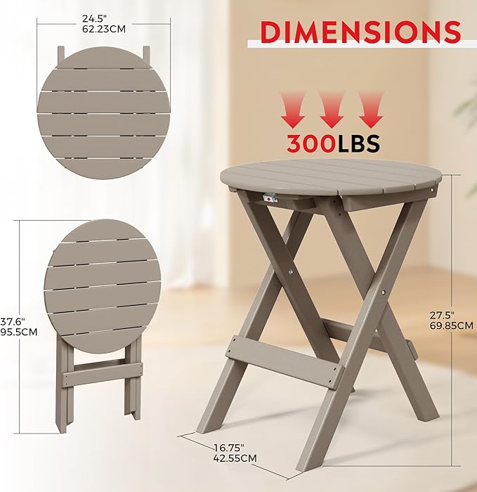 Costaelm Paradise HDPE Outdoor 24.5 Inch Round Portable Folding Patio Dining Table, Weathered Wood